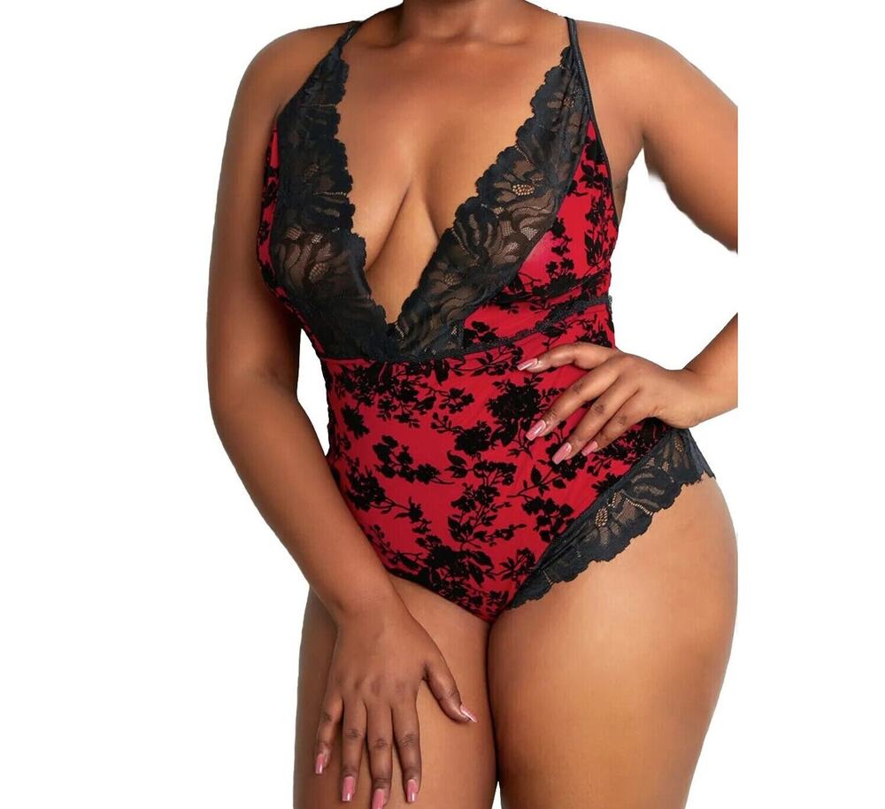 Women's One Piece Teddy Lingerie Romper Red Black Lace Playsuit Open Back 2X